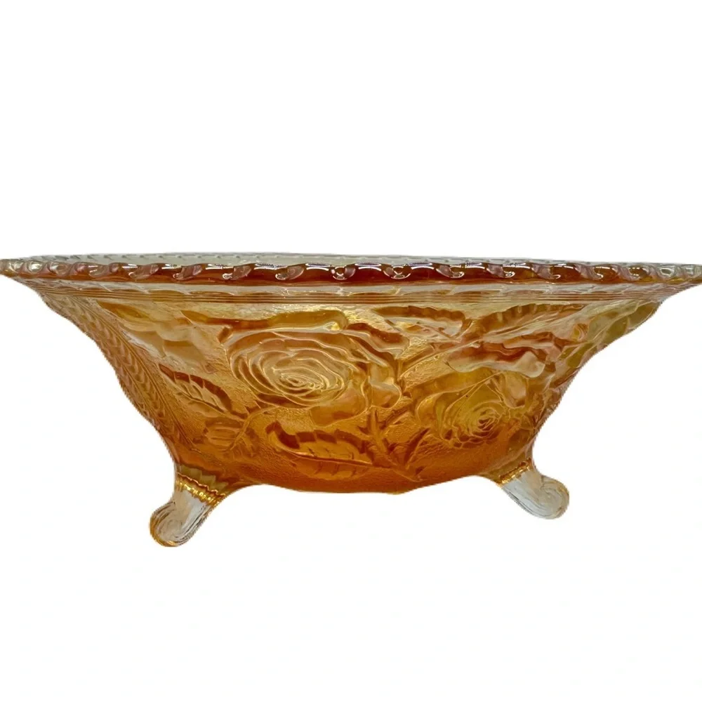 Vintage 11” Imperial Glass Open Lustre Rose Marigold Glass Large Footed Bowl